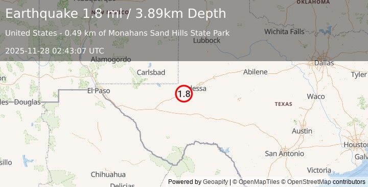 Earthquake 9 km NE of Monahans, Texas (1.8 ml) (2025-11-28 02:43:07 UTC)