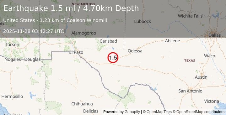 Earthquake 18 km NW of Toyah, Texas (1.5 ml) (2025-11-28 03:42:27 UTC)