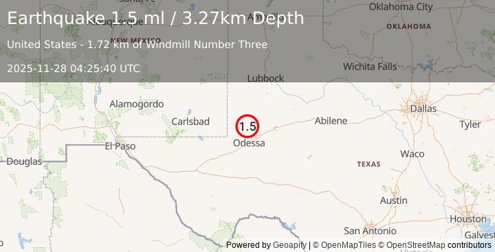 Earthquake 10 km E of McKinney Acres, Texas (1.5 ml) (2025-11-28 04:25:40 UTC)