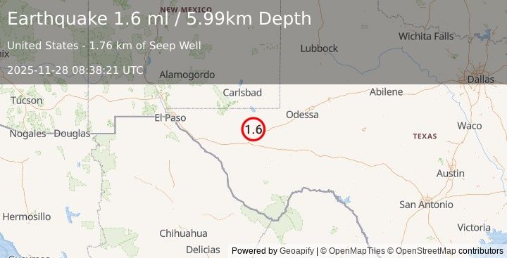 Earthquake 18 km NW of Toyah, Texas (1.5 ml) (2025-11-28 08:38:22 UTC)