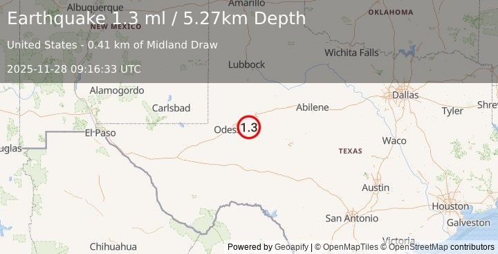 Earthquake 24 km S of Stanton, Texas (1.3 ml) (2025-11-28 09:16:33 UTC)