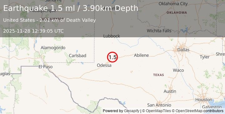 Earthquake 21 km SSW of Ackerly, Texas (1.5 ml) (2025-11-28 12:39:05 UTC)