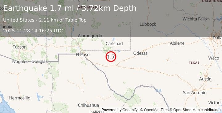 Earthquake 60 km S of Whites City, New Mexico (1.7 ml) (2025-11-28 14:16:25 UTC)