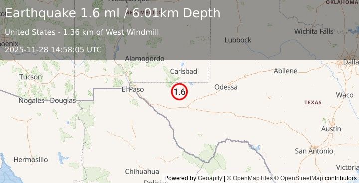 Earthquake 56 km S of Whites City, New Mexico (1.6 ml) (2025-11-28 14:58:05 UTC)