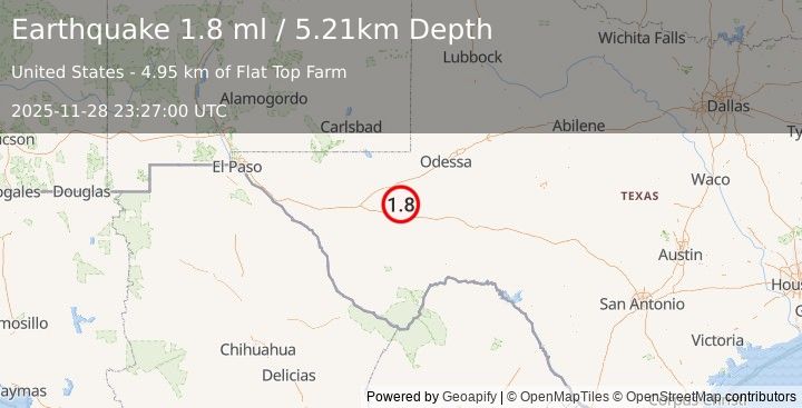 Earthquake 22 km SW of Coyanosa, Texas (1.8 ml) (2025-11-28 23:27:00 UTC)