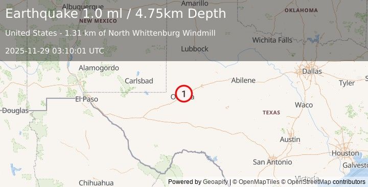 Earthquake 10 km SE of Gardendale, Texas (1.0 ml) (2025-11-29 03:10:01 UTC)