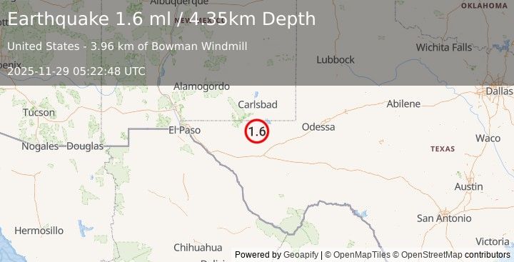Earthquake 50 km SSE of Whites City, New Mexico (1.6 ml) (2025-11-29 05:22:48 UTC)