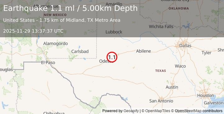 Earthquake 13 km NE of Midland, Texas (1.1 ml) (2025-11-29 13:37:37 UTC)