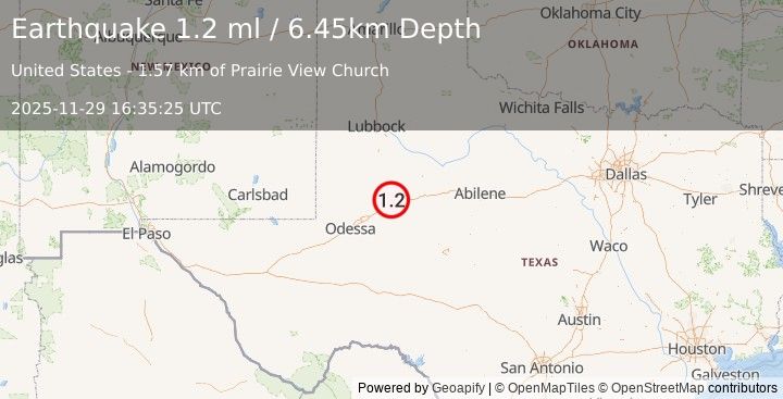 Earthquake 11 km NNW of Big Spring, Texas (1.2 ml) (2025-11-29 16:35:25 UTC)