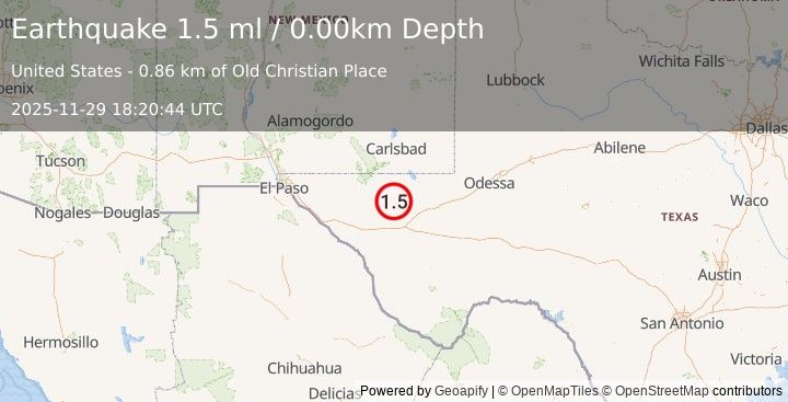 Earthquake 52 km WNW of Toyah, Texas (1.5 ml) (2025-11-29 18:20:44 UTC)