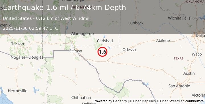 Earthquake 54 km S of Whites City, New Mexico (1.6 ml) (2025-11-30 02:59:47 UTC)