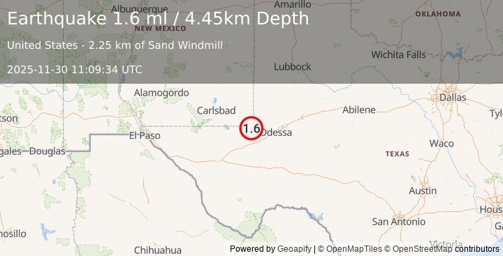 Earthquake 11 km NNW of Kermit, Texas (1.6 ml) (2025-11-30 11:09:34 UTC)