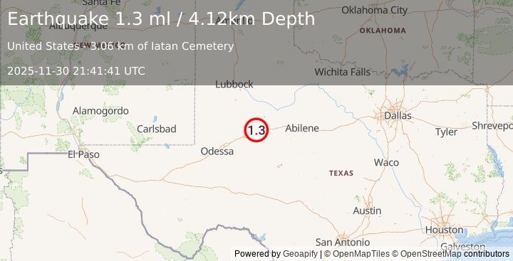 Earthquake 13 km WNW of Westbrook, Texas (1.3 ml) (2025-11-30 21:41:41 UTC)