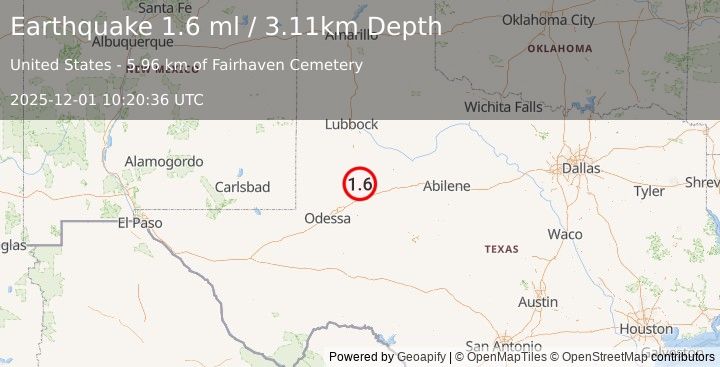 Earthquake 7 km SE of Ackerly, Texas (1.6 ml) (2025-12-01 10:20:36 UTC)
