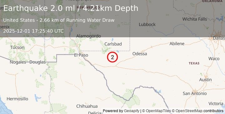 Earthquake 58 km NW of Toyah, Texas (2.0 ml) (2025-12-01 17:25:40 UTC)