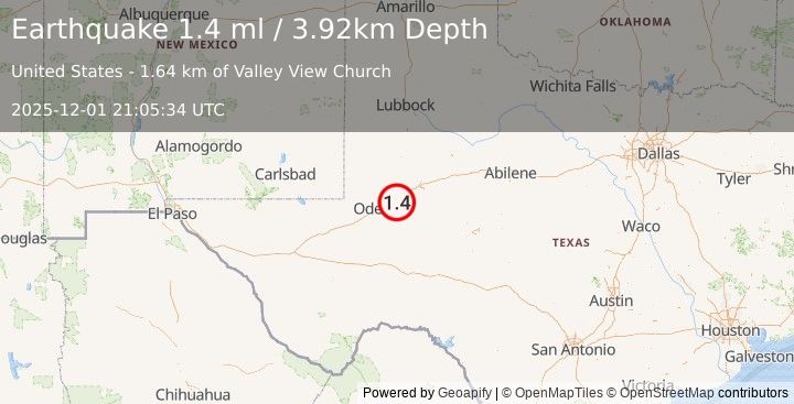 Earthquake 8 km SE of Midland, Texas (1.4 ml) (2025-12-01 21:05:34 UTC)