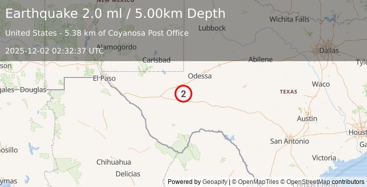Earthquake 5 km S of Coyanosa, Texas (2.0 ml) (2025-12-02 02:32:37 UTC)