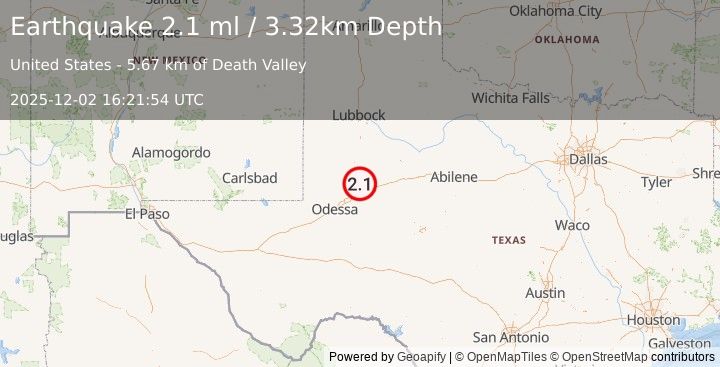 Earthquake 21 km N of Stanton, Texas (2.1 ml) (2025-12-02 16:21:54 UTC)