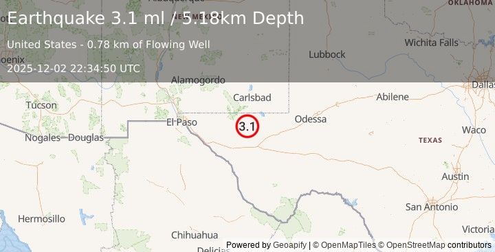 Earthquake 58 km S of Whites City, New Mexico (3.1 ml) (2025-12-02 22:34:50 UTC)
