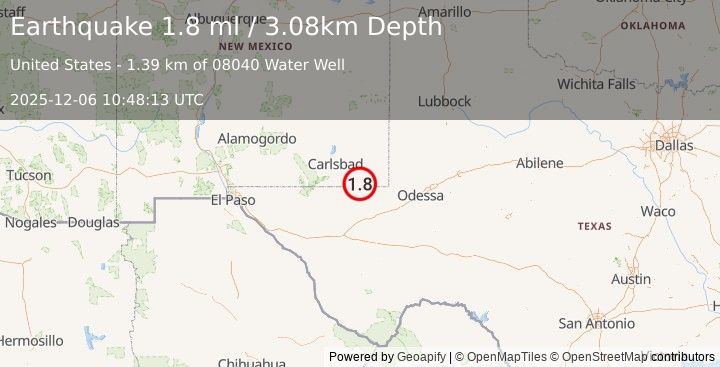 Earthquake 29 km NNW of Toyah, Texas (1.6 ml) (2025-12-06 10:48:15 UTC)