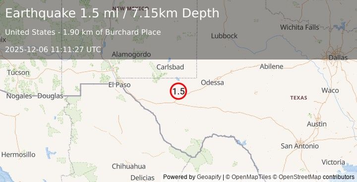 Earthquake 23 km NNW of Toyah, Texas (1.5 ml) (2025-12-06 11:11:27 UTC)
