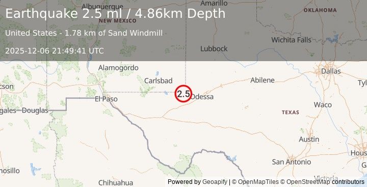 Earthquake 12 km NNW of Kermit, Texas (2.5 ml) (2025-12-06 21:49:41 UTC)