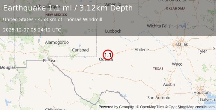 Earthquake 17 km NW of Midland, Texas (1.1 ml) (2025-12-07 05:24:12 UTC)