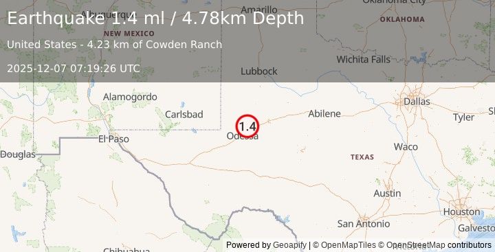 Earthquake 17 km NW of Midland, Texas (1.4 ml) (2025-12-07 07:19:26 UTC)