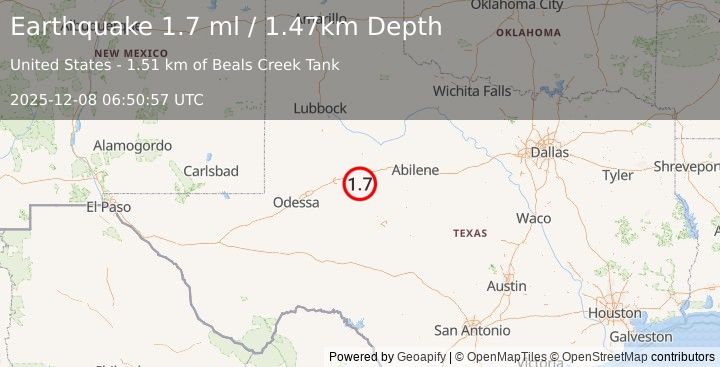Earthquake 18 km SSE of Westbrook, Texas (1.7 ml) (2025-12-08 06:50:57 UTC)