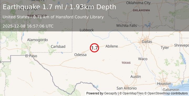 Earthquake 11 km E of Coahoma, Texas (1.7 ml) (2025-12-08 16:57:06 UTC)