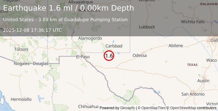 Earthquake 60 km S of Whites City, New Mexico (1.1 ml) (2025-12-08 17:36:19 UTC)