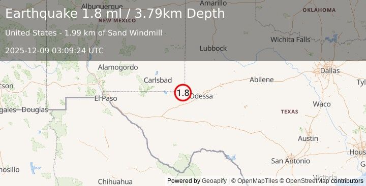 Earthquake 11 km NNW of Kermit, Texas (1.8 ml) (2025-12-09 03:09:24 UTC)