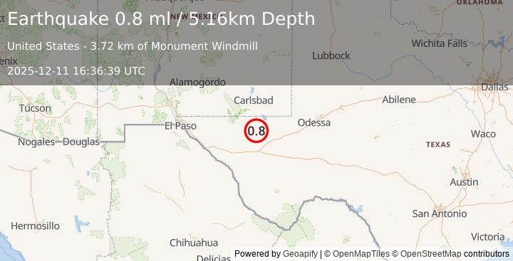 Earthquake 48 km NW of Toyah, Texas (0.8 ml) (2025-12-11 16:36:39 UTC)