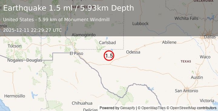 Earthquake 46 km NW of Toyah, Texas (1.5 ml) (2025-12-11 22:29:27 UTC)