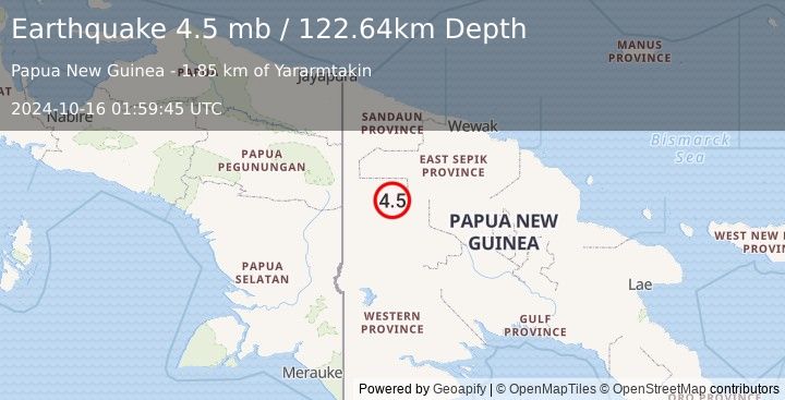 Earthquake 128 km SW of Ambunti, Papua New Guinea (4.5 mb) (2024-10-16 01:59:45 UTC)