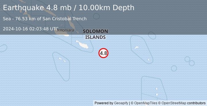 Earthquake 183 km ESE of Kirakira, Solomon Islands (4.8 mb) (2024-10-16 02:03:48 UTC)