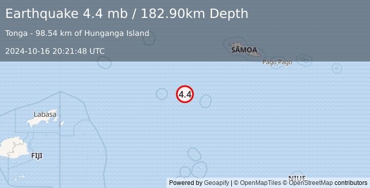 Earthquake 99 km WNW of Hihifo, Tonga (4.4 mb) (2024-10-16 20:21:48 UTC)