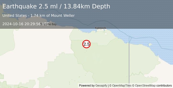 Earthquake 75 km SW of Kaktovik, Alaska (2.5 ml) (2024-10-16 20:29:56 UTC)