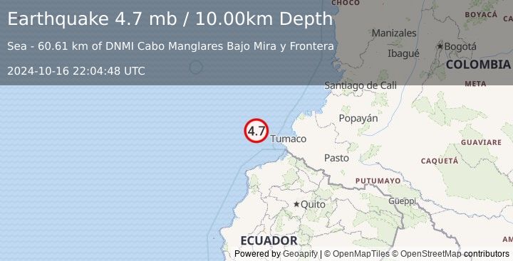 Earthquake 109 km WNW of Tumaco, Colombia (4.7 mb) (2024-10-16 22:04:48 UTC)