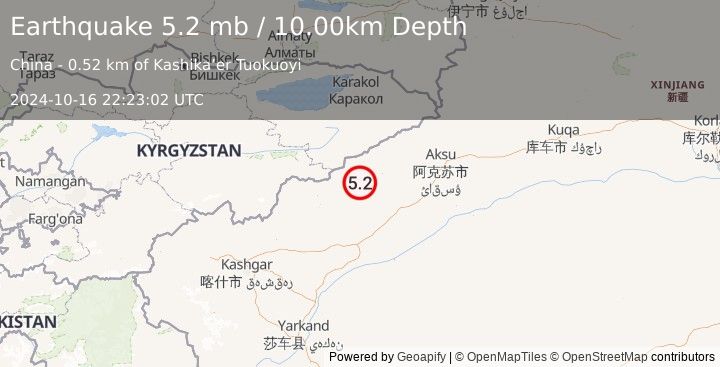 Earthquake 130 km NNW of Tumxuk, China (5.2 mb) (2024-10-16 22:23:02 UTC)