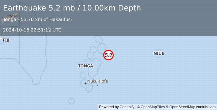 Earthquake 74 km SE of Neiafu, Tonga (5.2 mb) (2024-10-16 22:51:12 UTC)