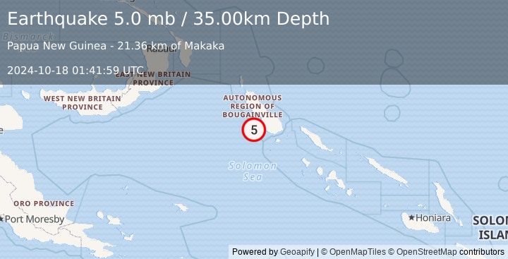 Earthquake 65 km SW of Panguna, Papua New Guinea (5.0 mb) (2024-10-18 01:41:59 UTC)