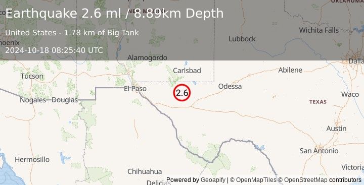 Earthquake 63 km S of Whites City, New Mexico (2.6 ml) (2024-10-18 08:25:40 UTC)