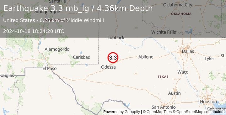 Earthquake 33 km WSW of Ackerly, Texas (3.3 mb_lg) (2024-10-18 18:24:20 UTC)