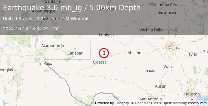 Earthquake 33 km WSW of Ackerly, Texas (3.0 mb_lg) (2024-10-18 18:34:22 UTC)