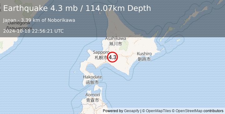 Earthquake 18 km SE of Yūbari, Japan (4.3 mb) (2024-10-18 22:56:21 UTC)