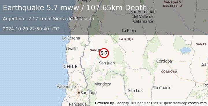 Earthquake 63 km NNW of Albardón, Argentina (5.7 mww) (2024-10-20 22:59:40 UTC)