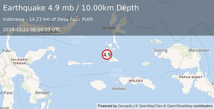 Earthquake 65 km SSW of Labuha, Indonesia (4.9 mb) (2024-10-21 08:08:33 UTC)