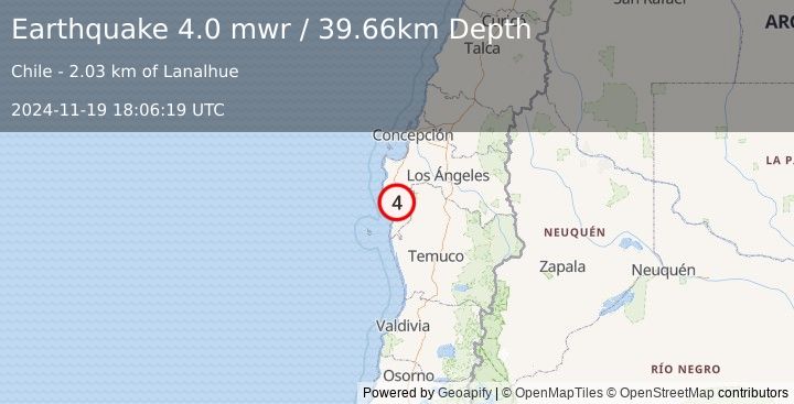 Earthquake 10 km SSE of Cañete, Chile (4.0 mwr) (2024-11-19 18:06:19 UTC)