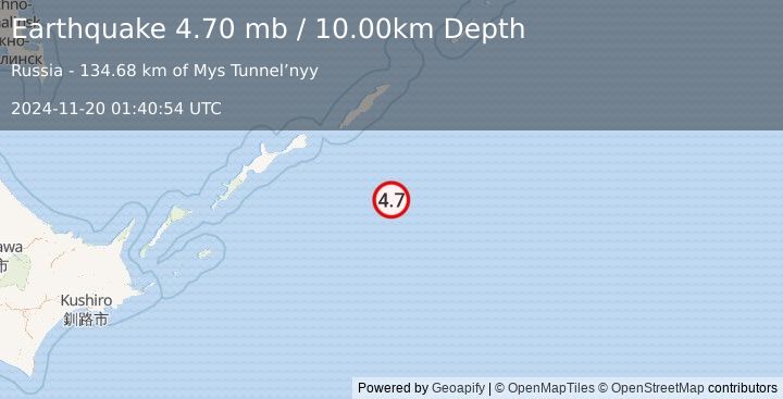 Earthquake 222 km ESE of Kuril’sk, Russia (4.7 mb) (2024-11-20 01:40:54 UTC)